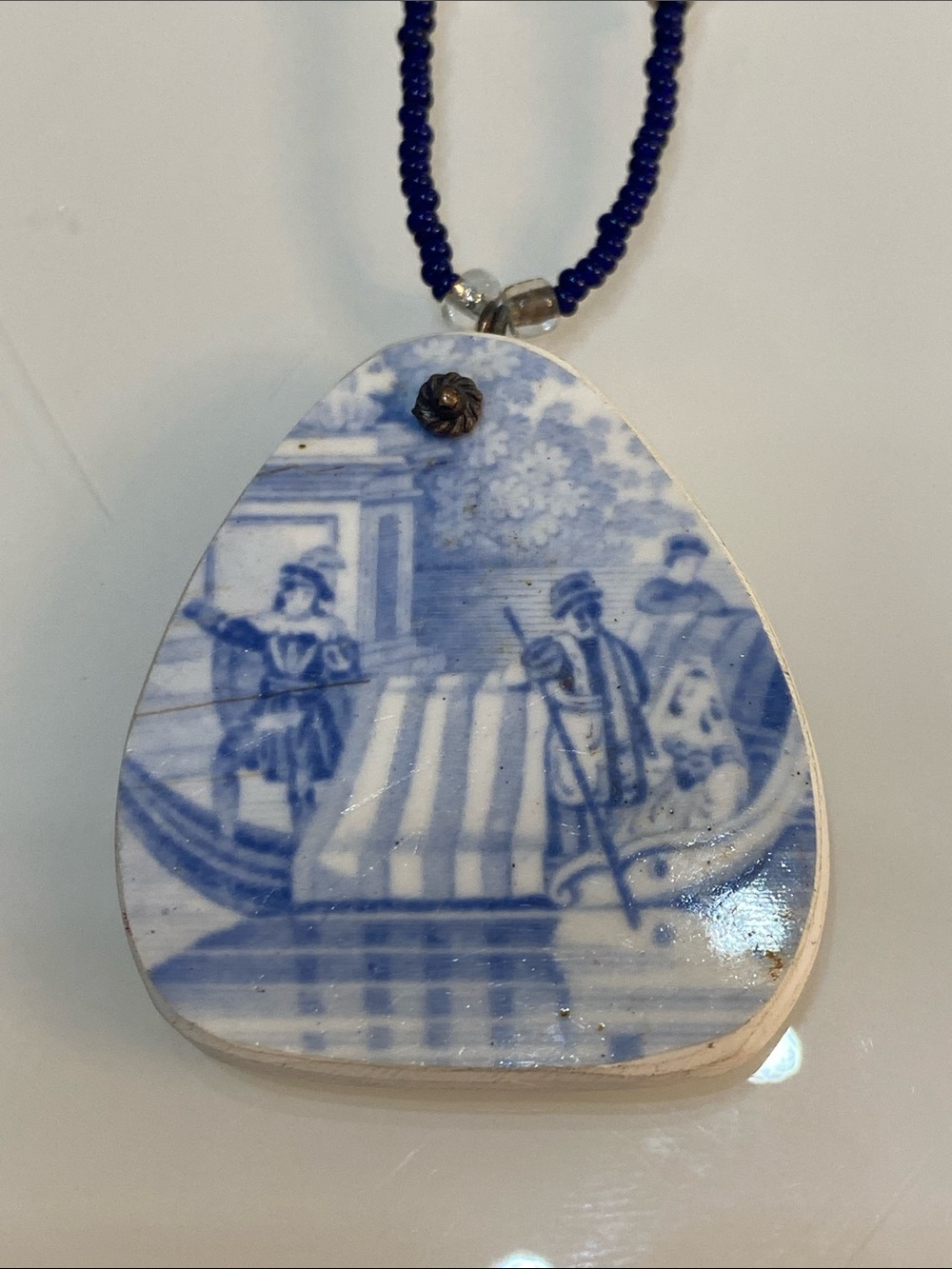 Handcrafted Blue & White Ceramic Pendant Necklace with Navy Beads